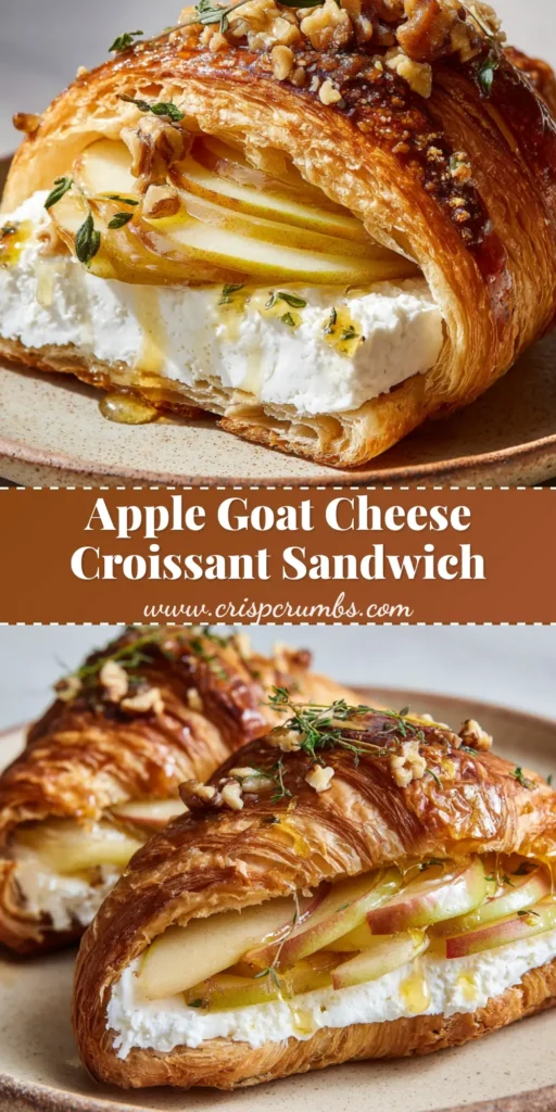 The Ultimate Apple Goat Cheese Croissant Recipe 4 A halved, golden-brown flaky Apple Goat Cheese Croissant layered with tender caramelized apples, honey drizzle, thyme, and walnuts on a rustic plate.