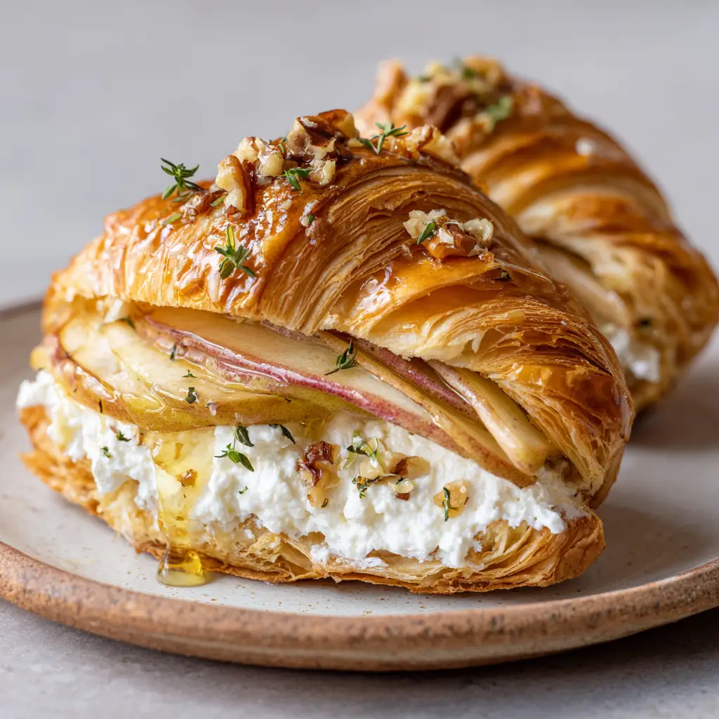The Ultimate Apple Goat Cheese Croissant Recipe 1 Glossy golden honey being drizzled over lightly caramelized apples, fresh thyme, and walnuts inside an Apple Goat Cheese Croissant.