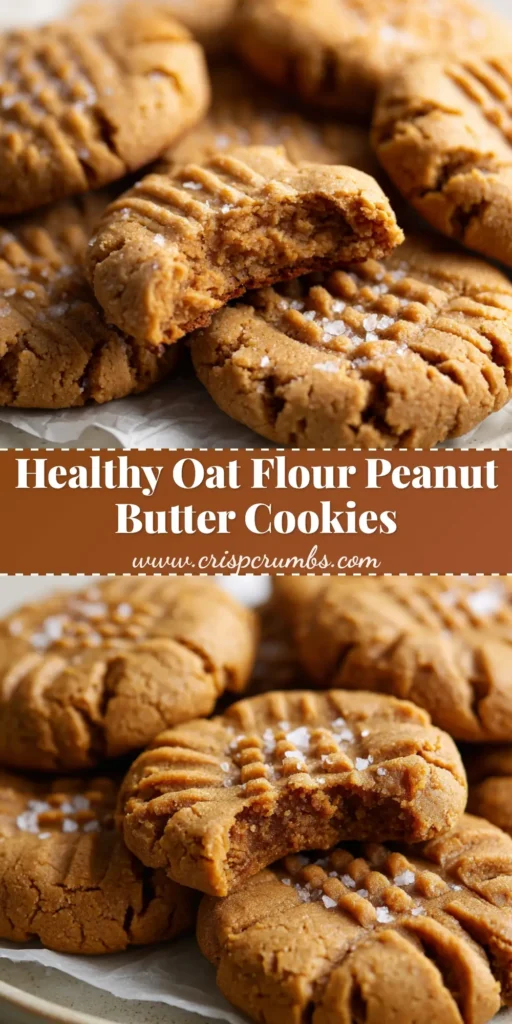 Thick and Chewy Oat Flour Peanut Butter Cookies 4 A stack of thick oat flour peanut butter cookies with criss-cross marks and flaky sea salt.