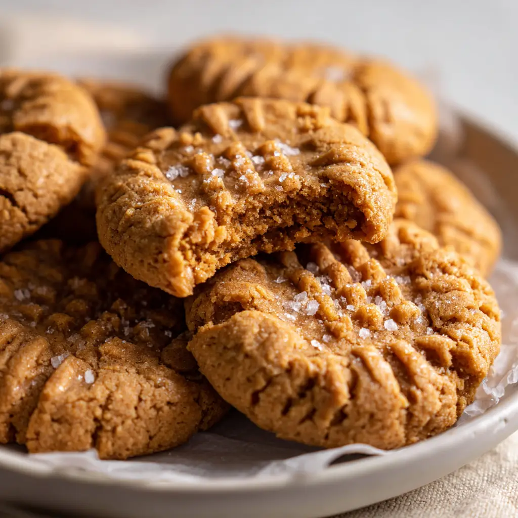 Thick and Chewy Oat Flour Peanut Butter Cookies 1 Freshly baked oat flour peanut butter cookies resting on crinkled unbleached parchment paper in soft natural daylight.