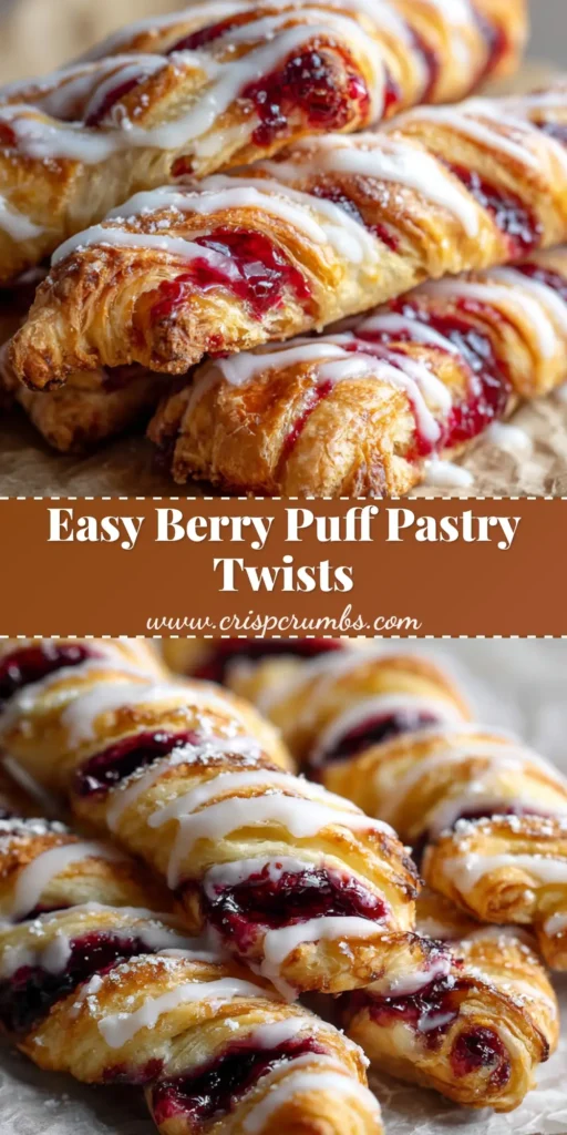 A stack of golden brown, flaky Berry Puff Pastry Twists oozing with dark red berry jam and drizzled with a glossy white powdered sugar glaze.