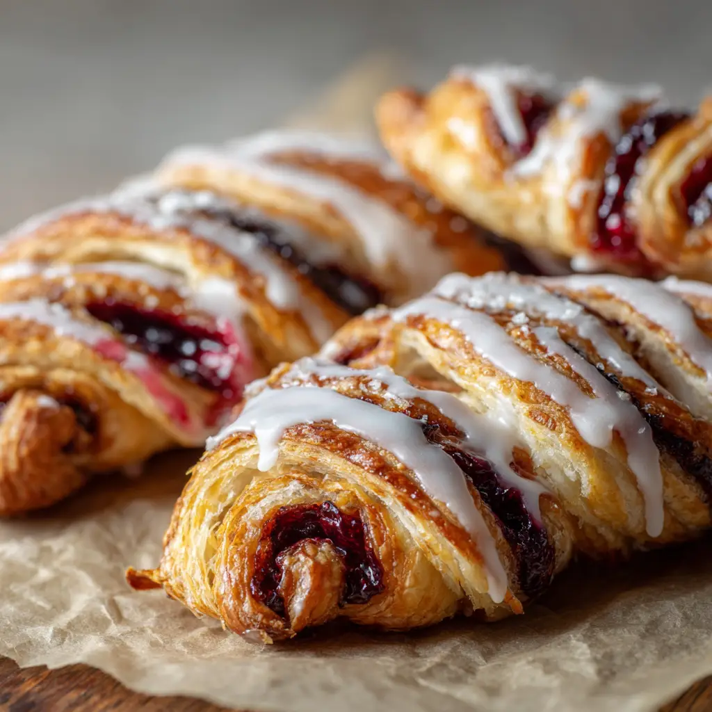 Delicious baked puff pastry twists folded with dark red berry fruit filling and drizzled with glossy white icing glaze.