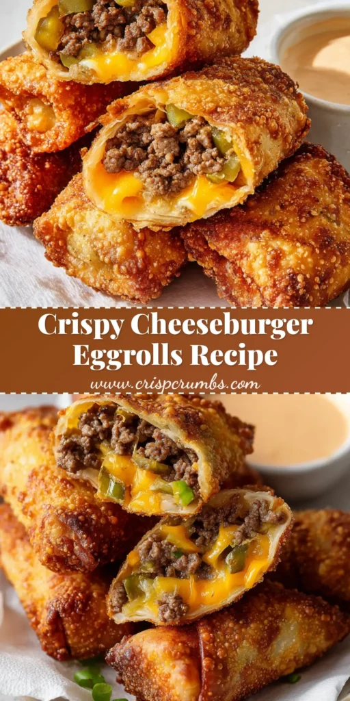 The Ultimate Crispy Cheeseburger Eggrolls 4 A close up of crispy golden-brown deep-fried Cheeseburger Eggrolls sliced in half, showing crumbled beef and gooey melted cheddar.