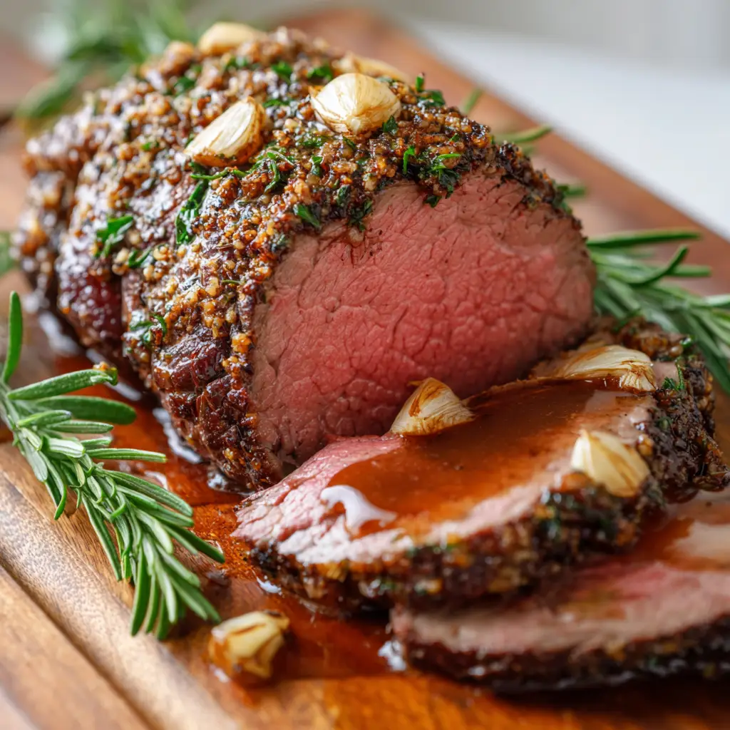 Thin pools of rich brown au jus gathering around a seared and sliced Roast Beef Tenderloin garnished with roasted garlic cloves.