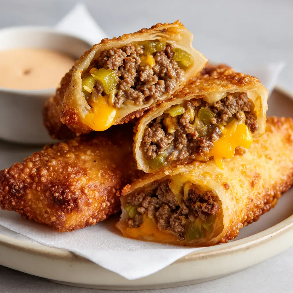 The Ultimate Crispy Cheeseburger Eggrolls 1 Halved Cheeseburger Eggrolls showing the gooey orange cheddar cheese and browned ground beef filling next to pale-orange dipping sauce.