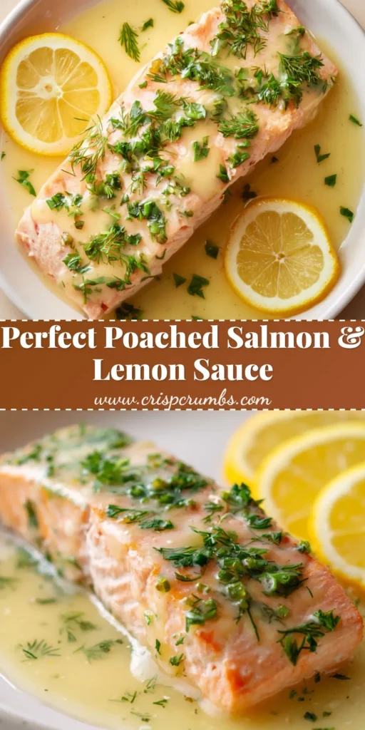 Flawless Lemon Herb Poached Salmon 4 A top-down view of an opaque, light pink poached salmon fillet topped with a glossy pale yellow lemon sauce, chopped fresh dill, and parsley.