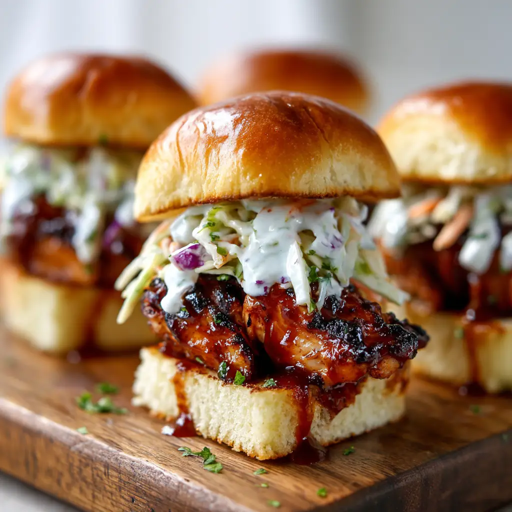 Handheld photo of an assembled honey chipotle chicken slider with a dollop of purple and green coleslaw and creamy garlic sauce on a brioche bun.