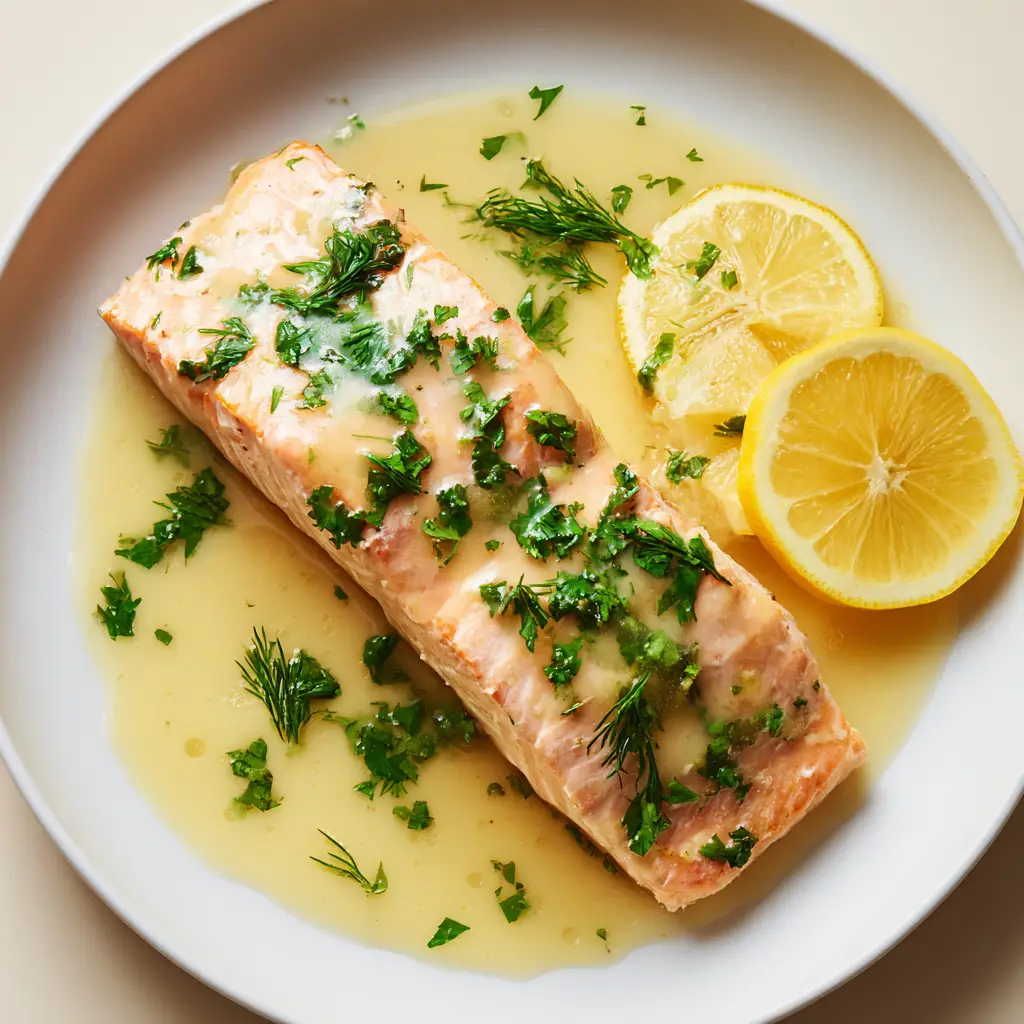 Flawless Lemon Herb Poached Salmon 1 Translucent pale yellow lemon sauce dripping down the sides of a perfectly poached salmon fillet with fresh lemon slices.
