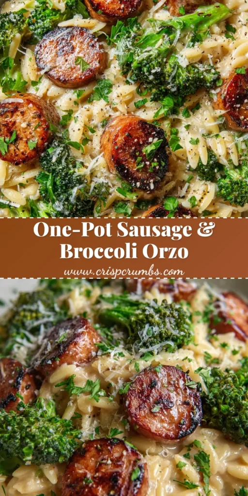 Chicken Sausage and Broccoli Orzo: A Creamy One-Pan Dinner 4 A shallow matte white ceramic bowl filled with creamy Chicken sausage and broccoli orzo, garnished with coarse black pepper and fresh parsley.
