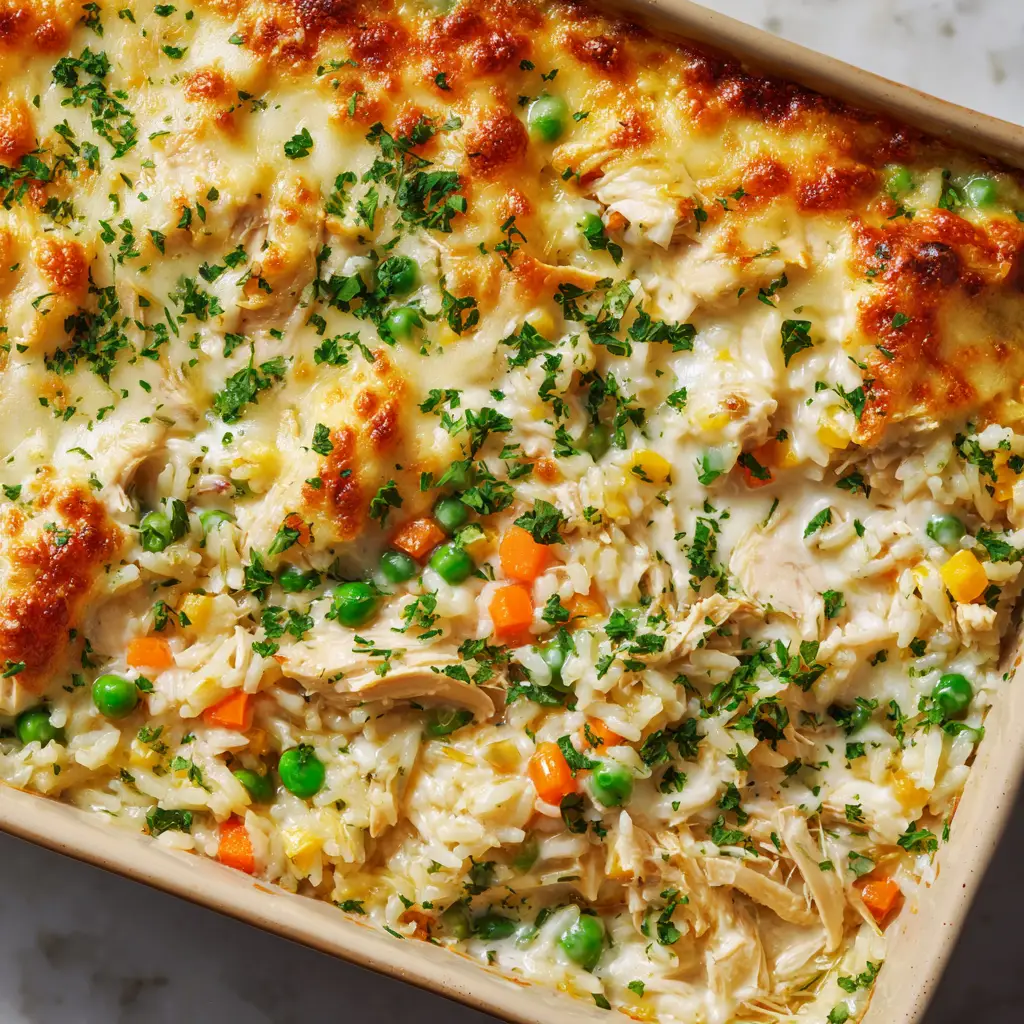 A rectangular ceramic baking dish filled with bubbling chicken and rice casserole, heavily layered with melted mozzarella and cheddar cheese.