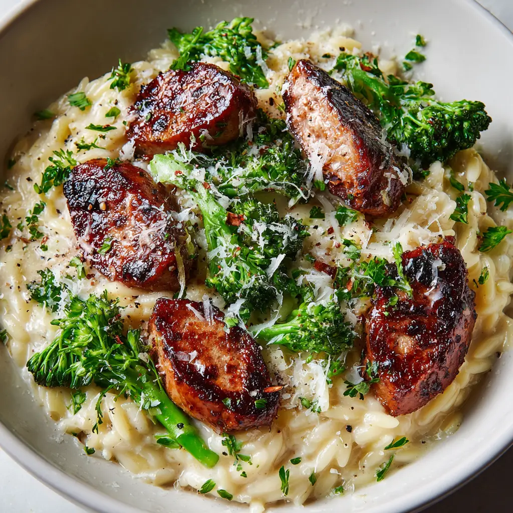 Chicken Sausage and Broccoli Orzo: A Creamy One-Pan Dinner 1 Thick, diagonal slices of deeply browned, seared chicken sausage with glistening charred edges layered intimately throughout creamy orzo pasta.
