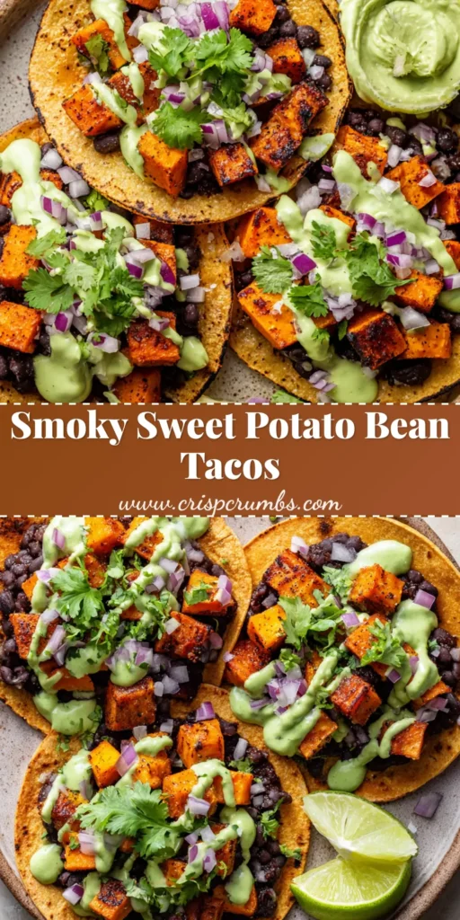 Three small lightly toasted corn tortillas on a rustic plate, filled with dark black beans, topped with bright orange roasted sweet potato cubes, drizzled with pale green avocado sauce, and garnished with cilantro and purple red onions.