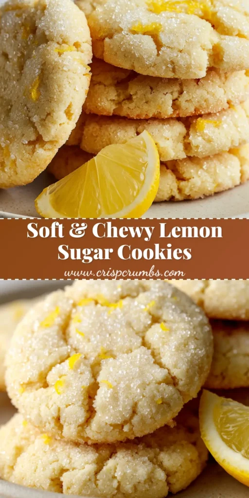 Close-up of thick, soft-baked Lemon Sugar Cookies with a crinkled top and sparkling sugar crystals next to a fresh lemon wedge.
