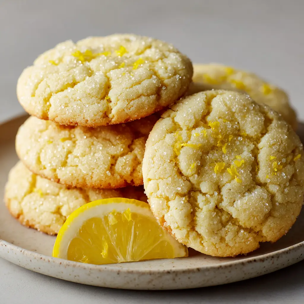 Detailed view of the cracked crinkly top surface of Lemon Sugar Cookies embedded with tiny flecks of bright yellow lemon zest.