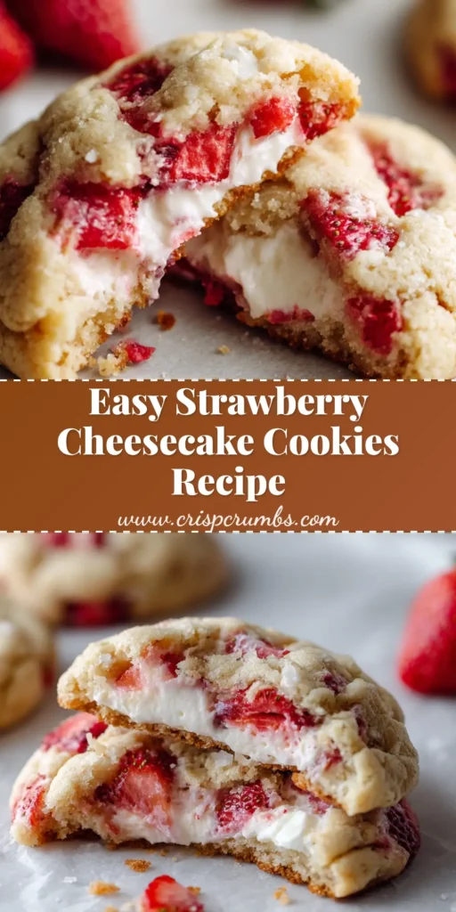 A close-up shot of a thick, soft-baked strawberry cheesecake cookie broken in half, revealing a gooey cream cheese center on white parchment paper.