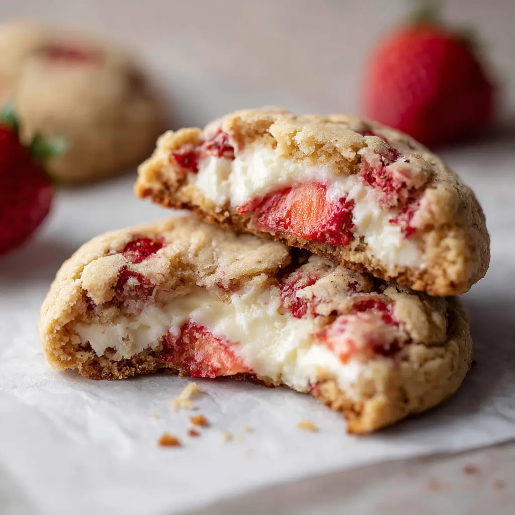 Freshly baked strawberry cheesecake cookies resting on parchment paper with a single fresh strawberry piece and cookie crumbs nearby.