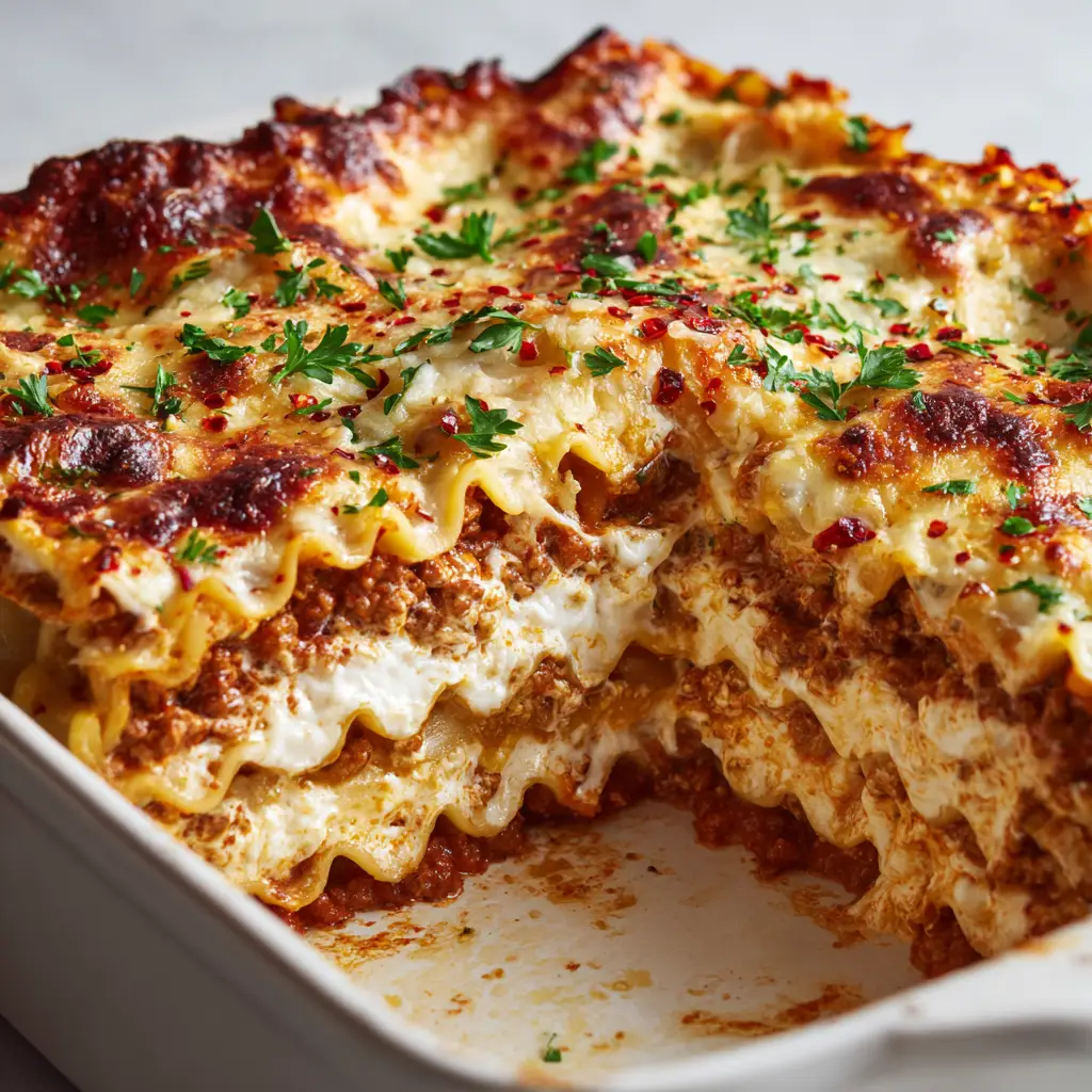 A close-up shot of bubbling, melted golden-brown mozzarella and parmesan cheese on top of a freshly baked lasagna.