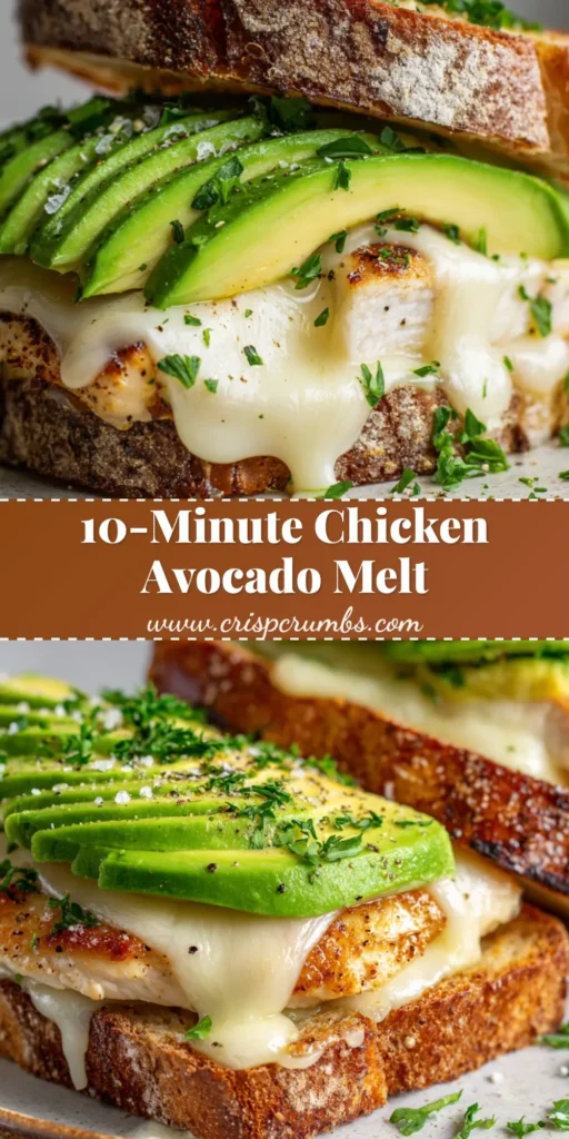 The Ultimate Sourdough Chicken Avocado Melt Recipe 4 A halved chicken avocado melt sandwich resting on a rustic ceramic plate, showing gooey melted mozzarella, fresh green avocado, and a juicy seared chicken fillet on artisan sourdough.