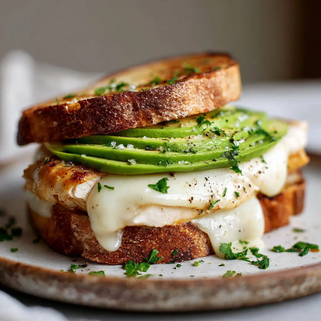 The Ultimate Sourdough Chicken Avocado Melt Recipe 1 Gooey, melted mozzarella cheese stretching slightly over the edges of fanned avocado and seared chicken, garnished with coarse black pepper and fresh parsley.