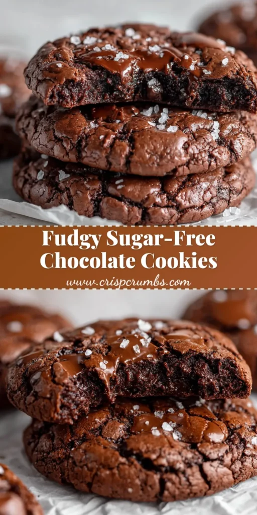 A stack of thick, fudgy Gluten-Free Chocolate Cookies with glossy crackly tops, melted chocolate chips, and coarse sea salt resting on crinkled white parchment paper.