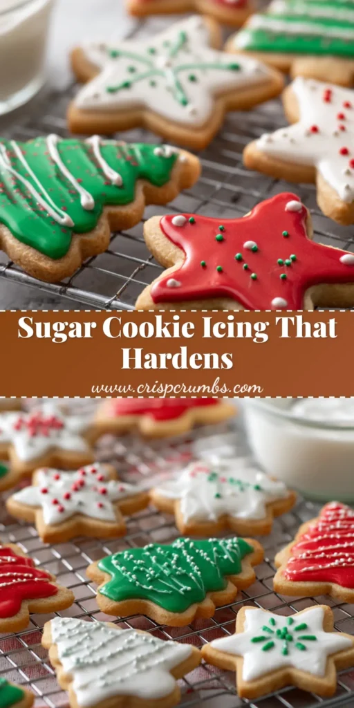 A close up view of golden brown star and tree cookies topped with vibrant red, green, and white sugar cookie icing that hardens completely.