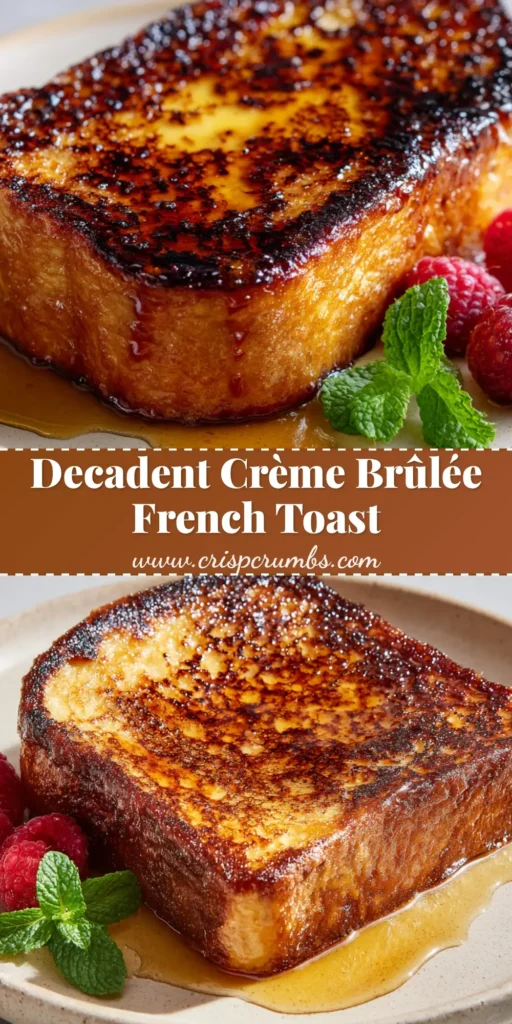 The Ultimate Crème Brûlée French Toast 4 A thick slice of golden-brown brioche Crème Brûlée French Toast with a glossy dark amber torched sugar crust, fresh raspberries, and mint.