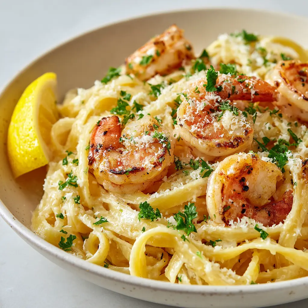 A serving of creamy lemon garlic shrimp pasta in a white ceramic bowl, garnished with finely chopped fresh green parsley flakes and a fresh lemon wedge on the side.