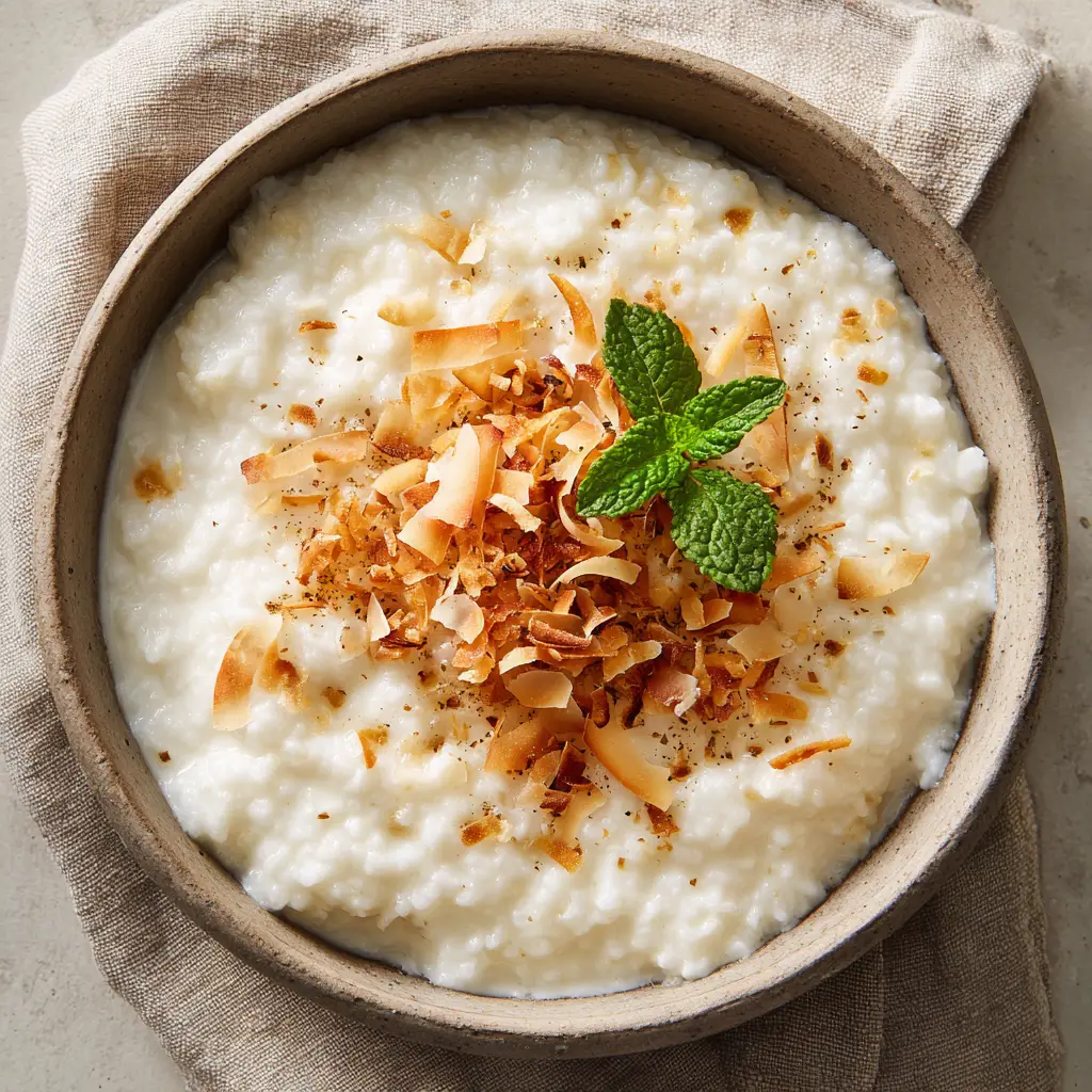 A rustic matte ceramic bowl filled with creamy white coconut rice pudding, topped with golden-brown toasted coconut flakes and a fresh mint sprig.