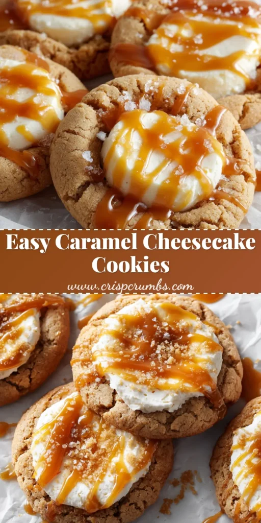 A top-down view of several Caramel Cheesecake Cookies arranged on a white surface, generously drizzled with caramel and sprinkled with sea salt.