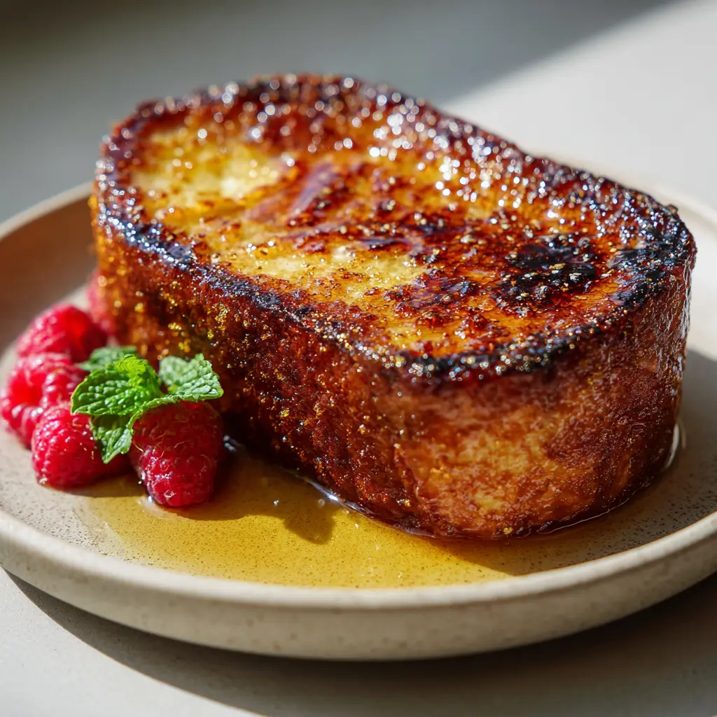 The Ultimate Crème Brûlée French Toast 1 Searing golden-brown Crème Brûlée French toast in a cast iron skillet with melted butter.