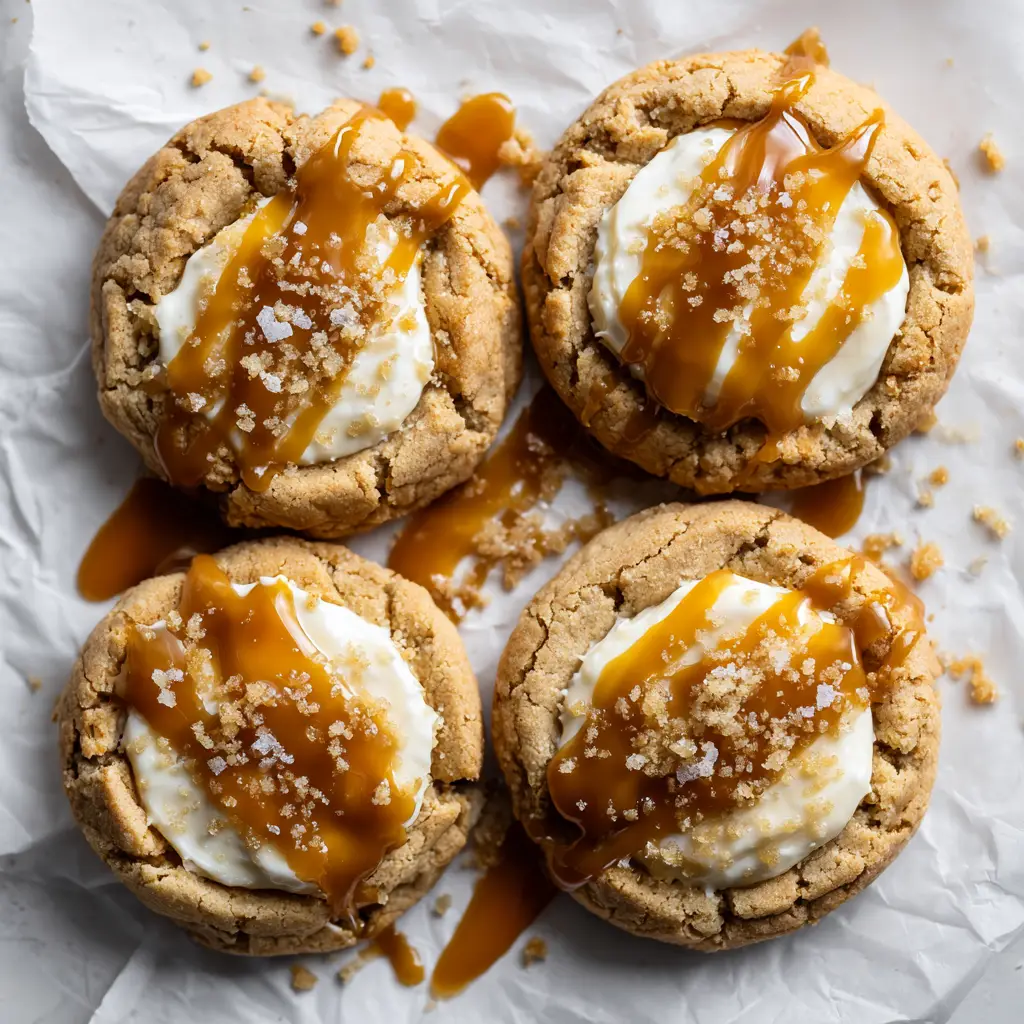 An angled view of multiple Caramel Cheesecake Cookies, highlighting the thick caramel sauce, flaky sea salt, and graham cracker crumb topping.