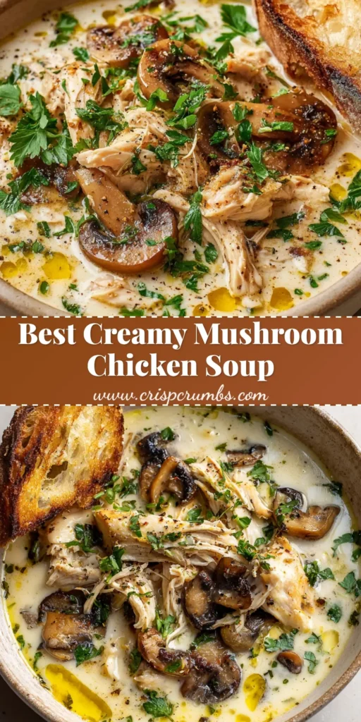 Creamy Mushroom Chicken Soup: The Ultimate Comfort in a Bowl 4 A rustic bowl of Creamy Mushroom Chicken Soup with seared mushrooms, shredded chicken, fresh parsley, and cracked black pepper, with a slice of sourdough bread dipping in.