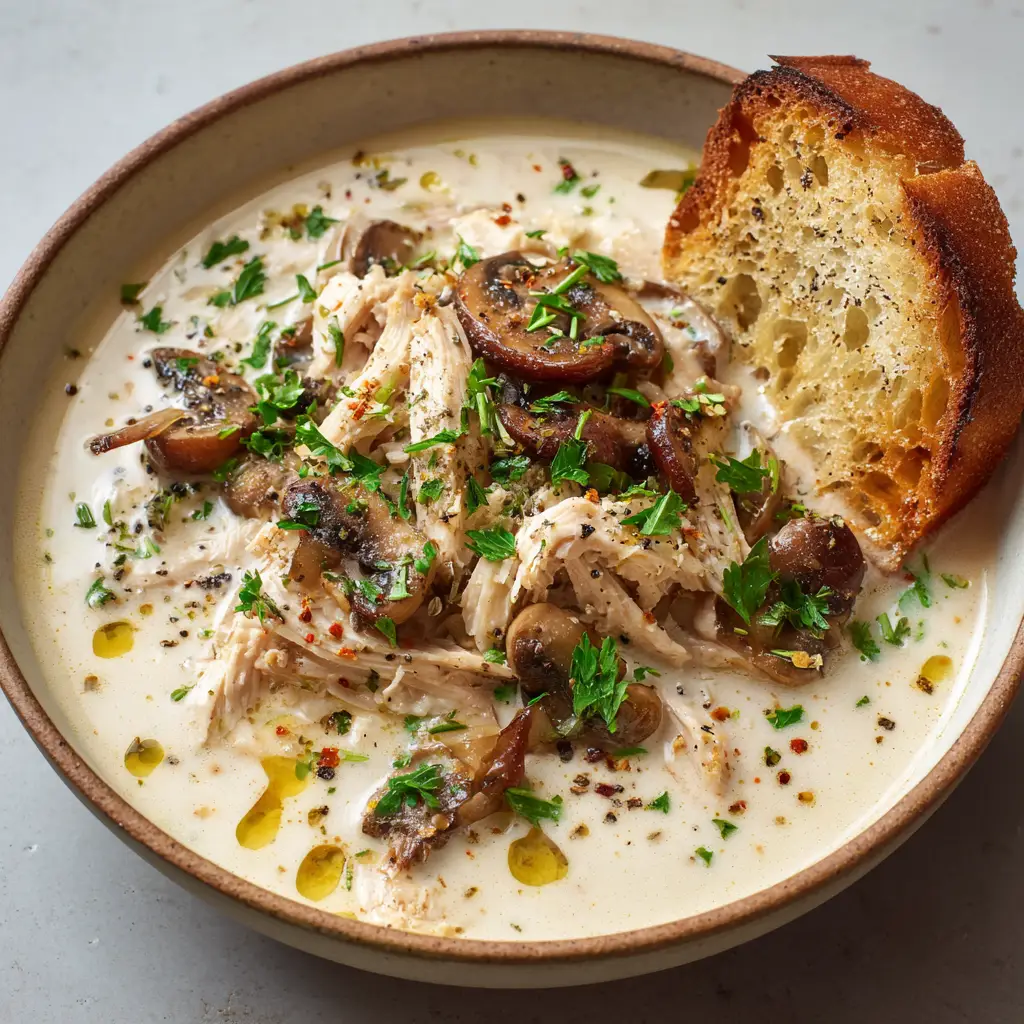 Creamy Mushroom Chicken Soup: The Ultimate Comfort in a Bowl 1 An overhead shot of Creamy Mushroom Chicken Soup in a rustic bowl, garnished with fresh parsley and cracked black pepper.