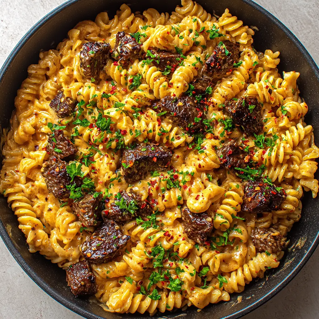 An overhead shot of the finished Garlic Butter Steak Pasta in a cast iron skillet, garnished with fresh parsley and red pepper flakes.