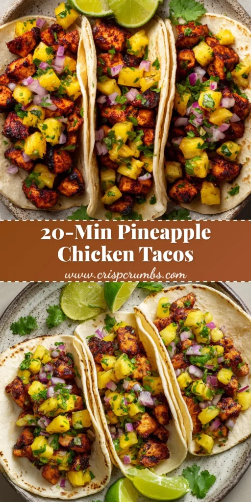 Three Pineapple Chicken Tacos on a rustic plate, topped with fresh pineapple salsa, jalapeño, and cilantro, served with lime wedges.