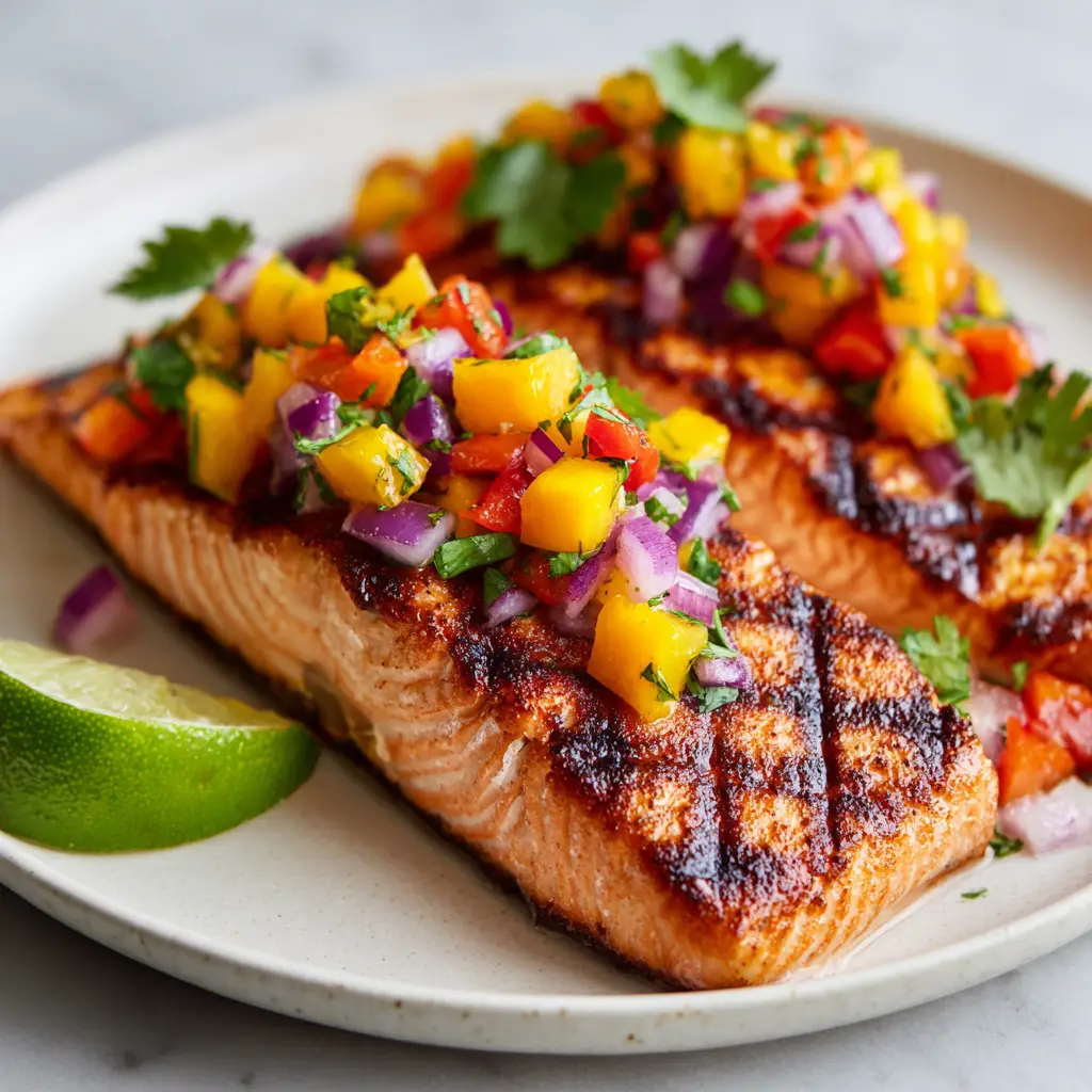 A plated serving of grilled salmon topped with chunky mango salsa and a lime wedge on the side, ready to eat.