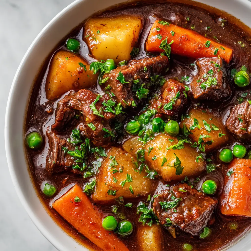 Crockpot Beef Stew: The Ultimate Guide to Rich, Hearty, Slow-Cooked Perfection 1 A perfectly composed bowl of slow cooker beef stew with tender beef, thick-cut carrots, cubed potatoes, bright green peas, and fresh parsley garnish.