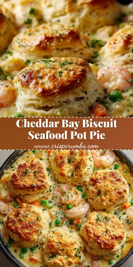 A rustic Seafood Pot Pie in a cast iron skillet, topped with golden-brown cheddar drop biscuits and fresh parsley.