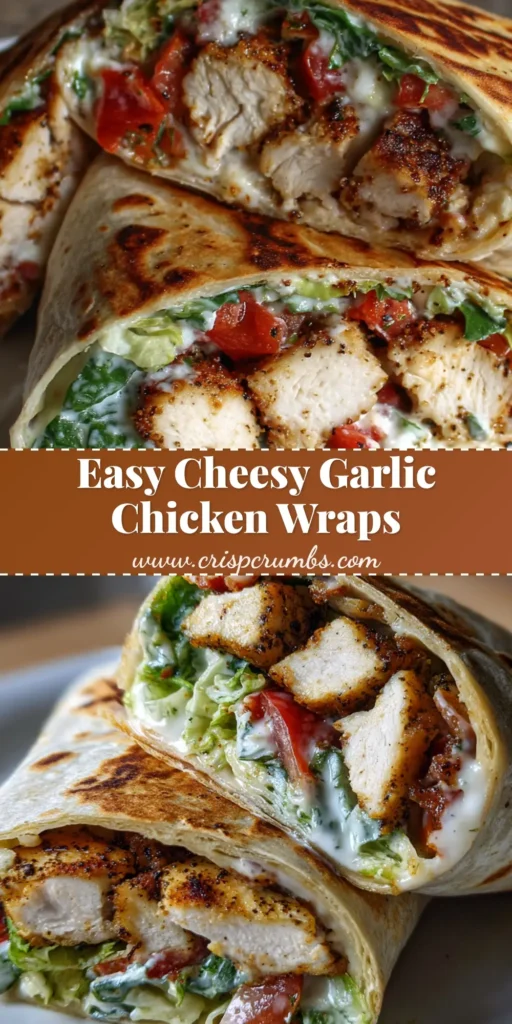 A close-up cross section of Cheesy Garlic Chicken Wraps showing golden-brown seared chicken, melted mozzarella cheese, crisp romaine, diced tomatoes, and creamy garlic sauce inside a toasted tortilla.