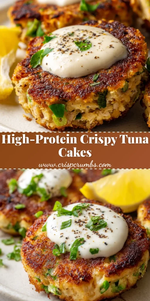 Crispy Golden Brown Cottage Cheese Tuna Cakes 3 Overhead shot of crispy, pan-fried cottage cheese tuna cakes resting on a matte white ceramic plate, garnished with creamy white sauce and a lemon wedge.