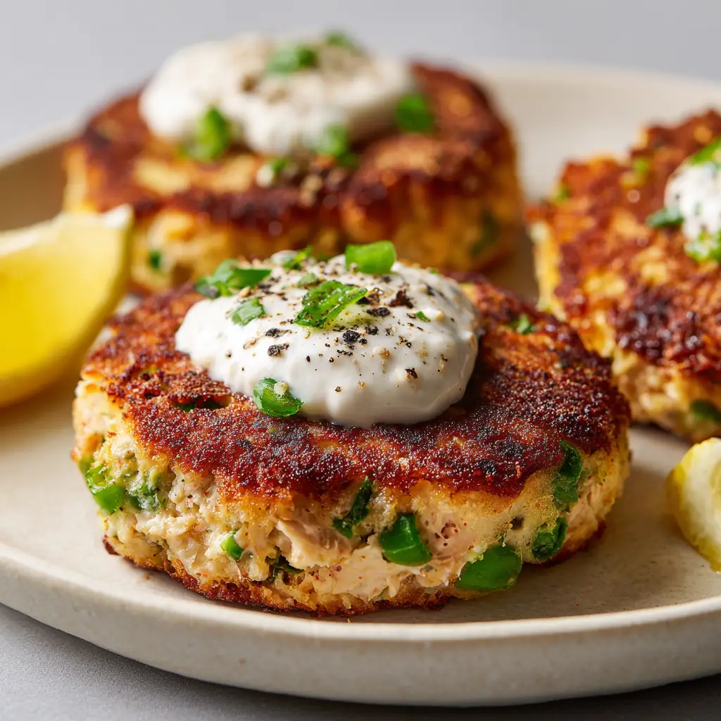 Crispy Golden Brown Cottage Cheese Tuna Cakes 1 A thick, glossy dollop of creamy white sauce dusted with coarse cracked black pepper resting on a focal tuna cake.