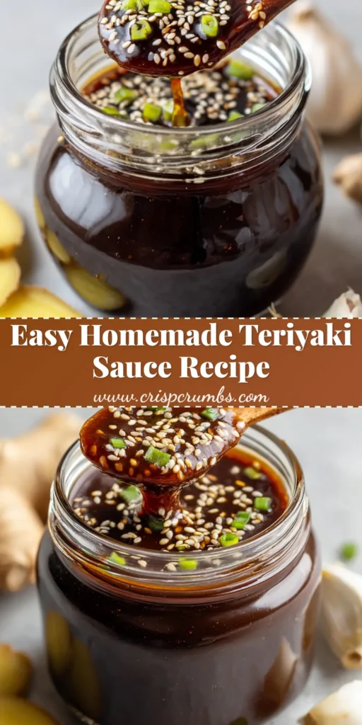 A close-up of a clear glass mason jar filled with thick, glossy dark brown Homemade Teriyaki Sauce, garnished with sesame seeds and green onions.