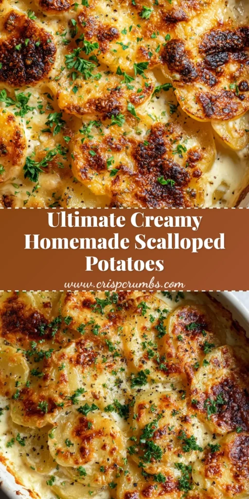 Close-up overhead view of freshly baked Homemade Scalloped Potatoes in a rustic white ceramic oval casserole dish, featuring blistered cheese patches, fresh green parsley, and coarse black pepper.