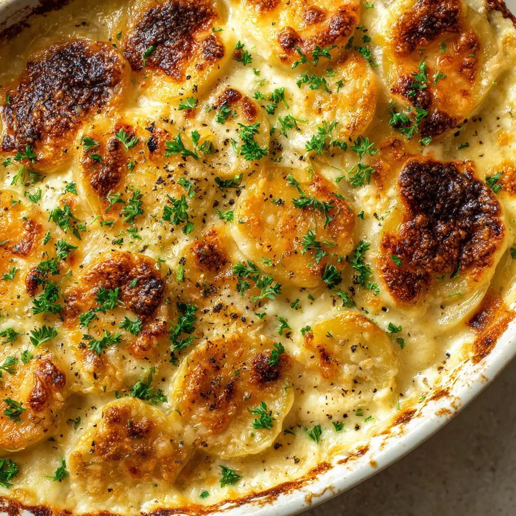Finely chopped fresh green parsley and tiny specks of coarse black pepper scattered evenly across blistered cheese patches on Homemade Scalloped Potatoes.