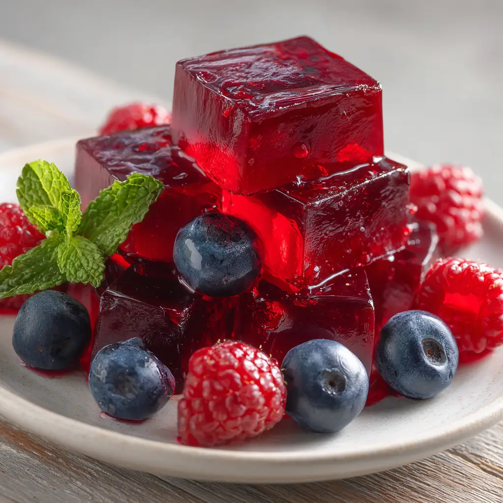 Healthy Gelatin Recipe: Translucent Ruby Red Berry Cubes 1 Close up of glossy, slightly jiggly homemade berry gelatin cubes on a white ceramic plate.