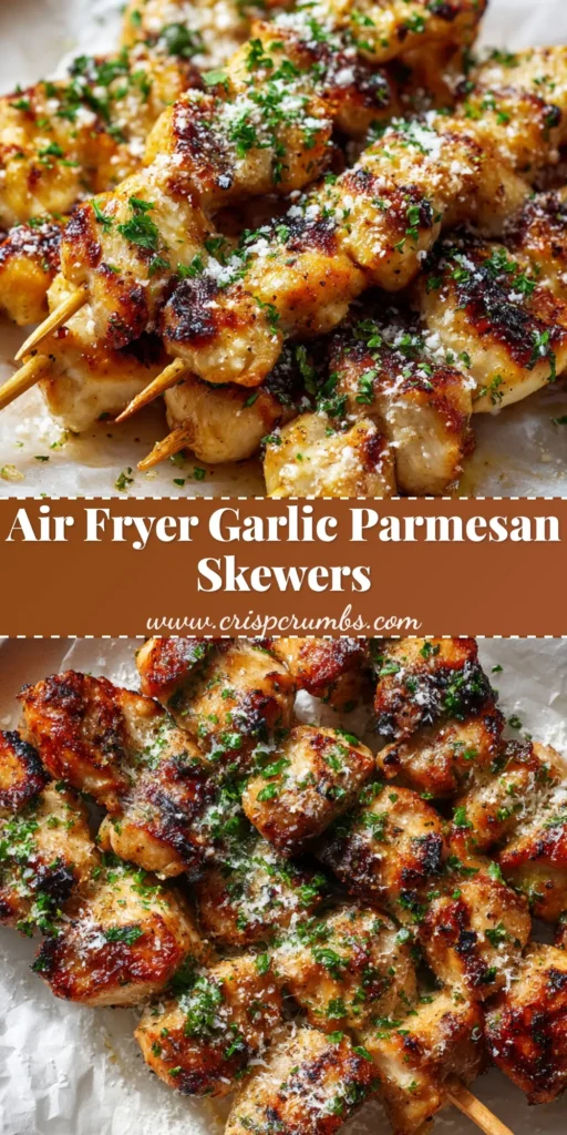 Close up of bite-sized Air Fryer Garlic Parmesan Chicken chunks on wooden skewers, coated in melted butter, parmesan, and parsley over parchment paper.