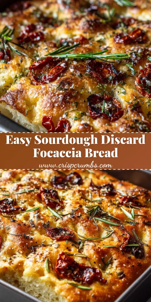 Sourdough Discard Focaccia with Roasted Garlic and Artisan Cheese 4 A close-up view of thick baked sourdough discard focaccia in a dark metal pan, showing deep olive oil filled dimples, charred red sun-dried tomatoes, caramelized roasted garlic, melted artisan cheese pockets, coarse white sea salt, and fresh green rosemary.