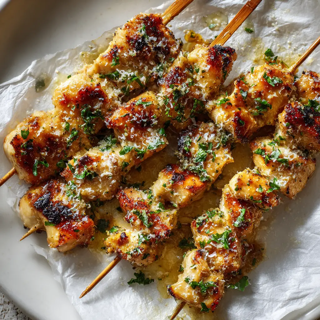 Cooked golden-brown crispy chicken skewers sitting on crinkled parchment paper before adding butter glaze.