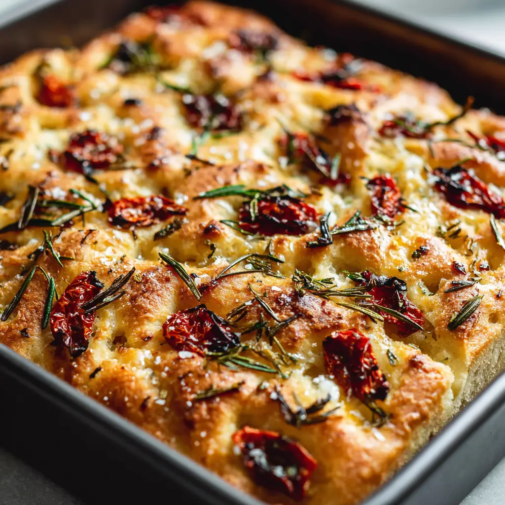 Sourdough Discard Focaccia with Roasted Garlic and Artisan Cheese 1 Sourdough focaccia bread embedded with slightly charred red sun-dried tomatoes, melted cheese, and herbs in a rectangular dark metal baking pan.