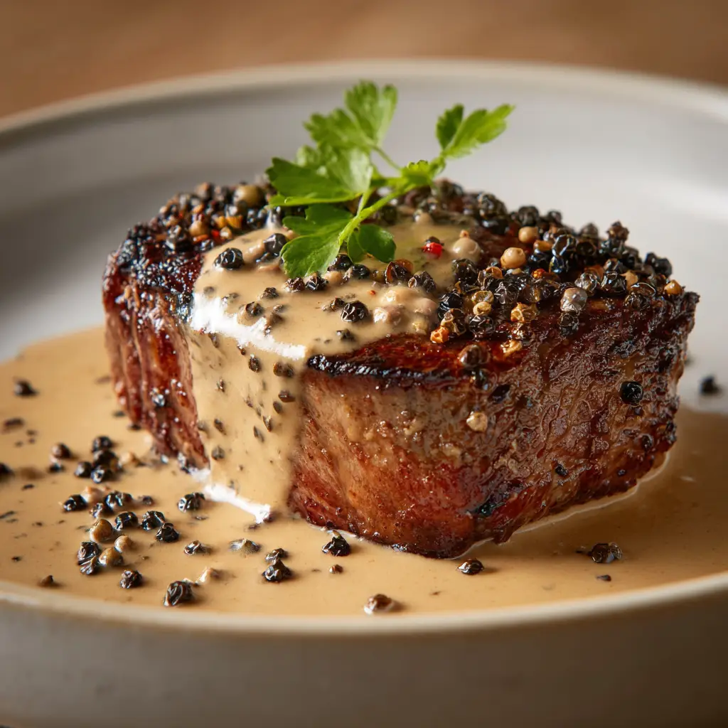 Glossy light-brown cream sauce densely speckled with pepper simmering in a hot cast iron skillet.